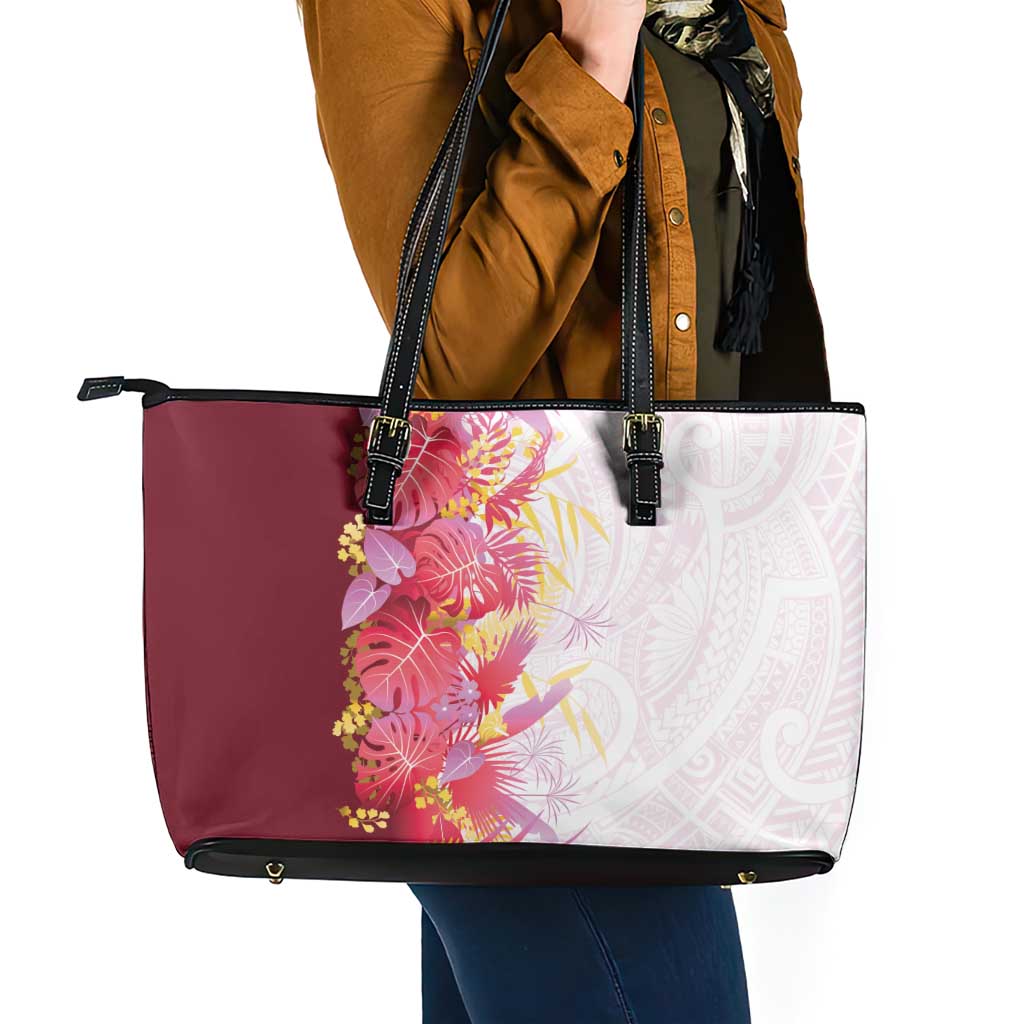 Hawaii Tropical Plant Akala Leather Tote Bag Vibrant Polynesian Pattern LT01 - Polynesian Pride