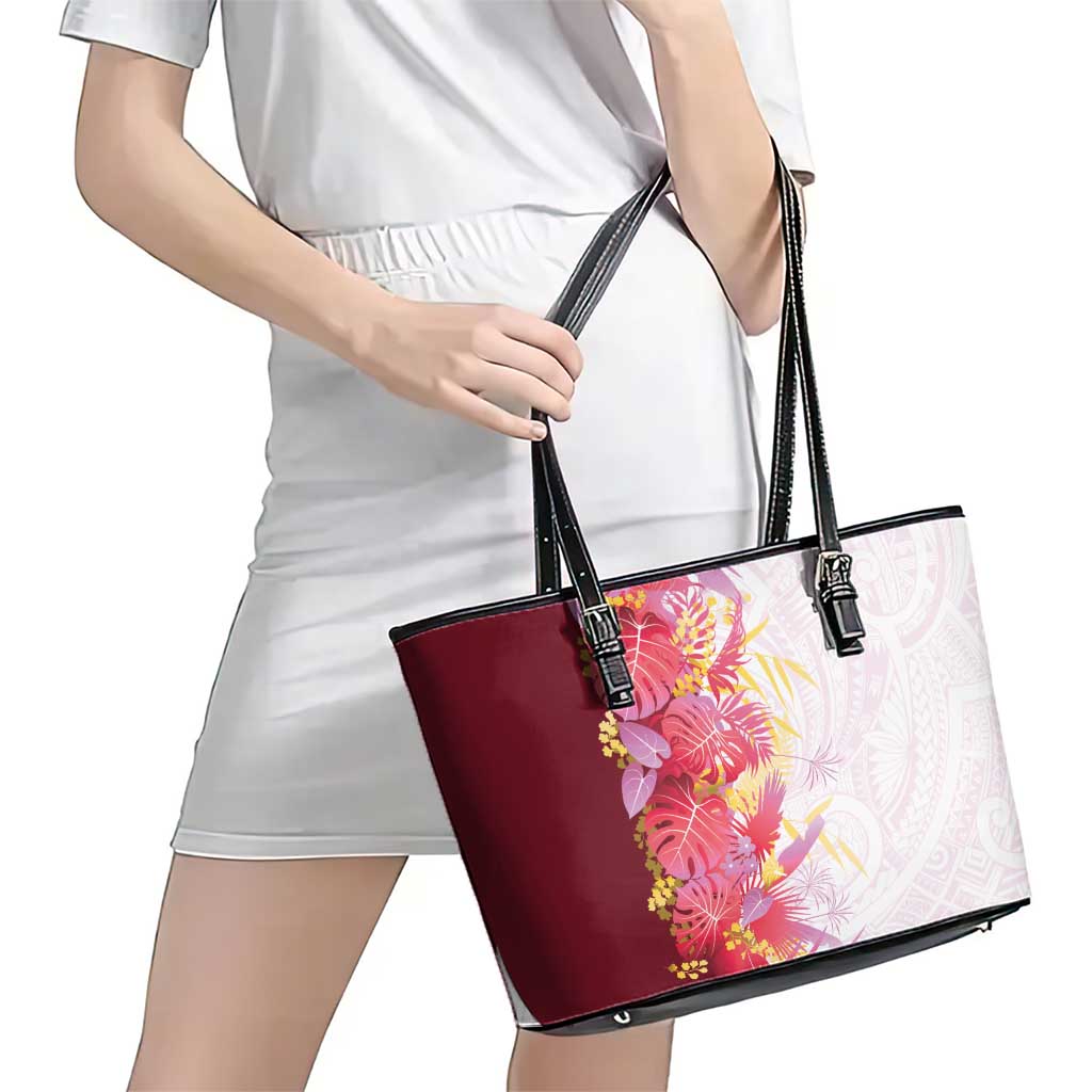 Hawaii Tropical Plant Akala Leather Tote Bag Vibrant Polynesian Pattern LT01 - Polynesian Pride