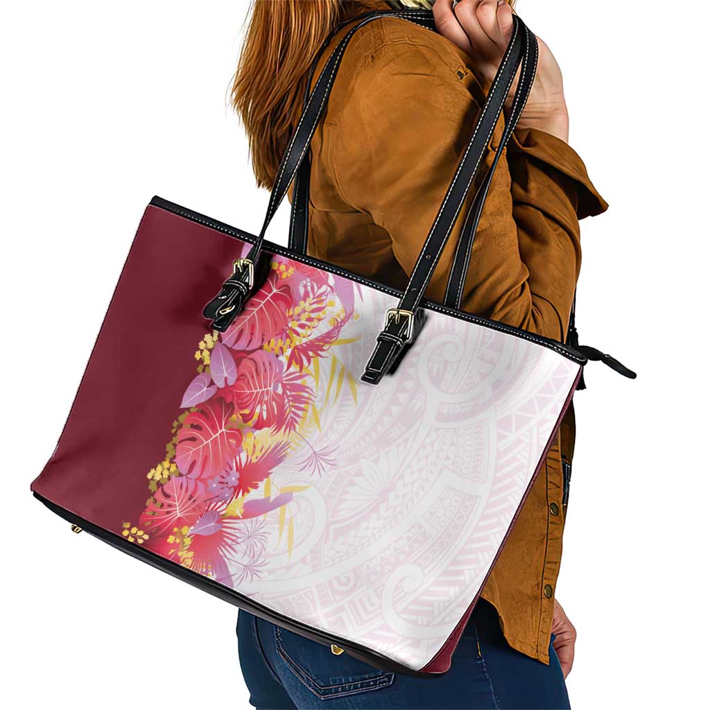 Hawaii Tropical Plant Akala Leather Tote Bag Vibrant Polynesian Pattern LT01 - Polynesian Pride