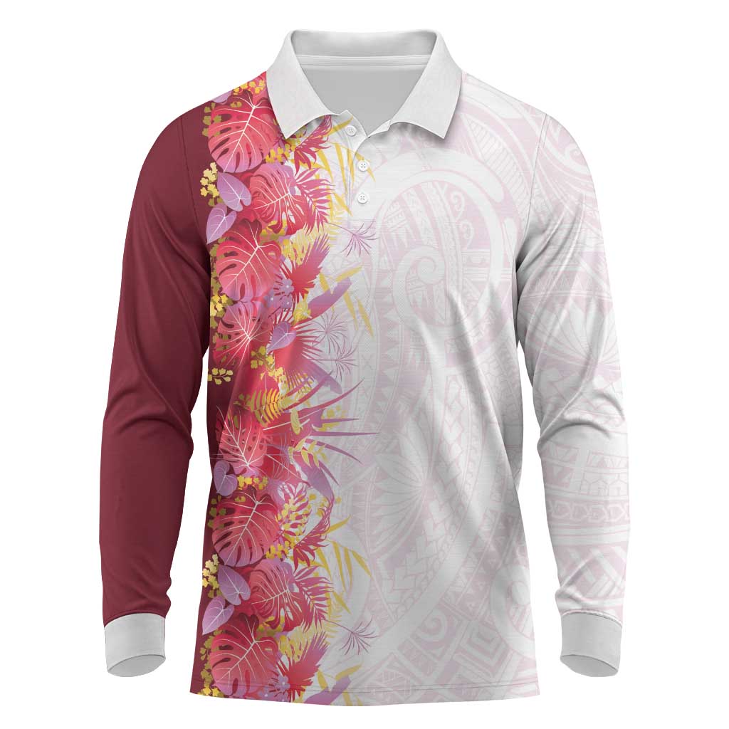 Hawaii Tropical Plant Akala Long Sleeve Polo Shirt Vibrant Polynesian Pattern LT01 Pink - Polynesian Pride