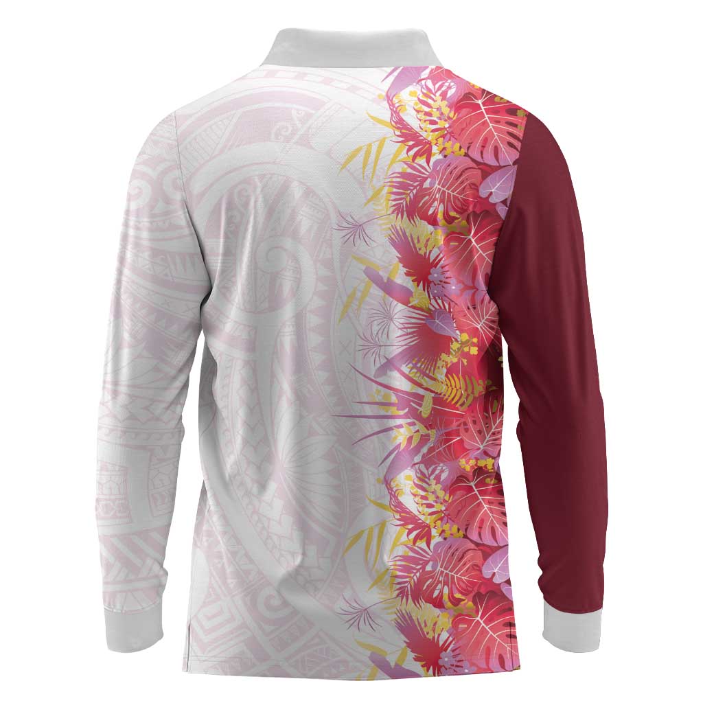 Hawaii Tropical Plant Akala Long Sleeve Polo Shirt Vibrant Polynesian Pattern LT01 - Polynesian Pride