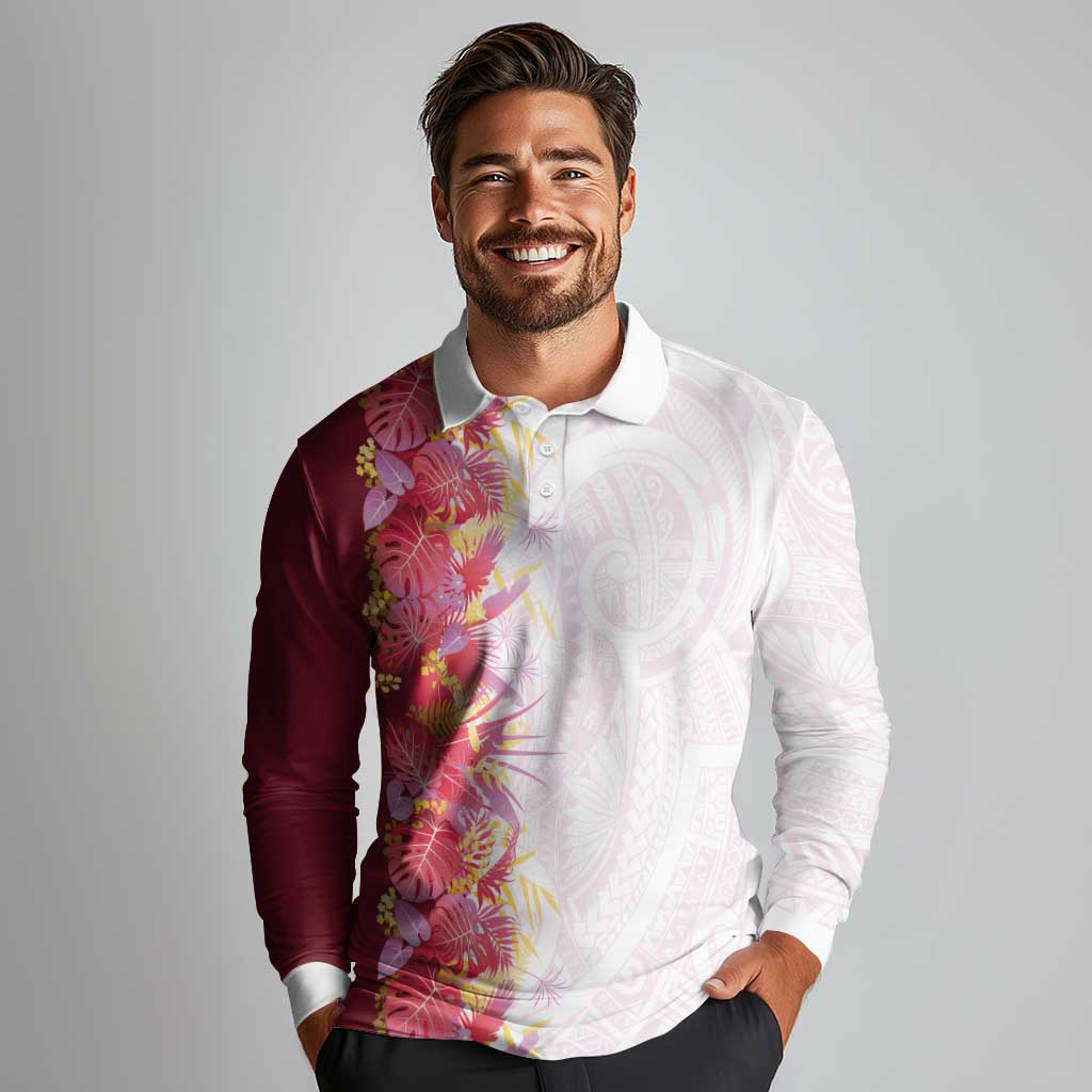 Hawaii Tropical Plant Akala Long Sleeve Polo Shirt Vibrant Polynesian Pattern LT01 - Polynesian Pride