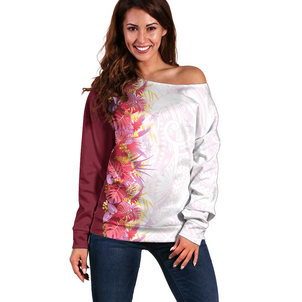Hawaii Tropical Plant Akala Off Shoulder Sweater Vibrant Polynesian Pattern LT01 Women Pink - Polynesian Pride