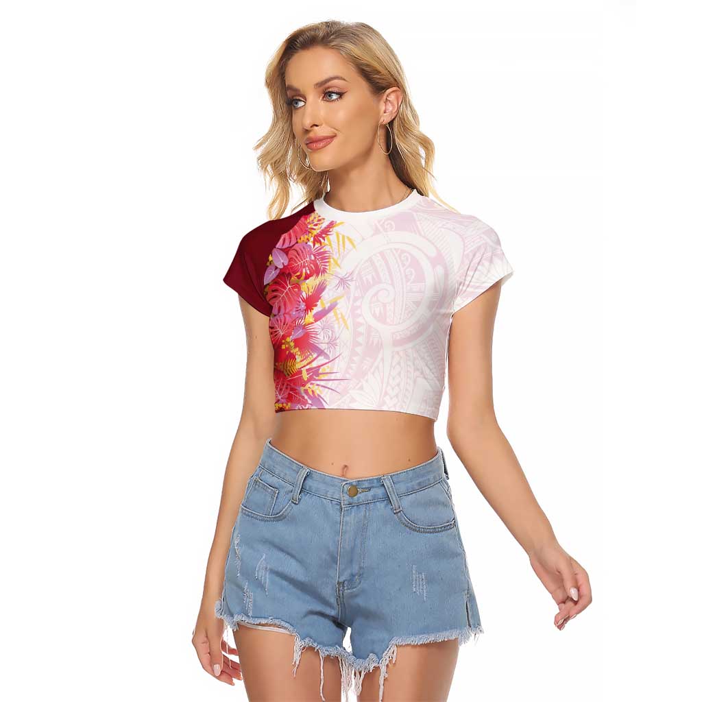 Hawaii Tropical Plant Akala Raglan Cropped T Shirt Vibrant Polynesian Pattern LT01 Female Pink - Polynesian Pride