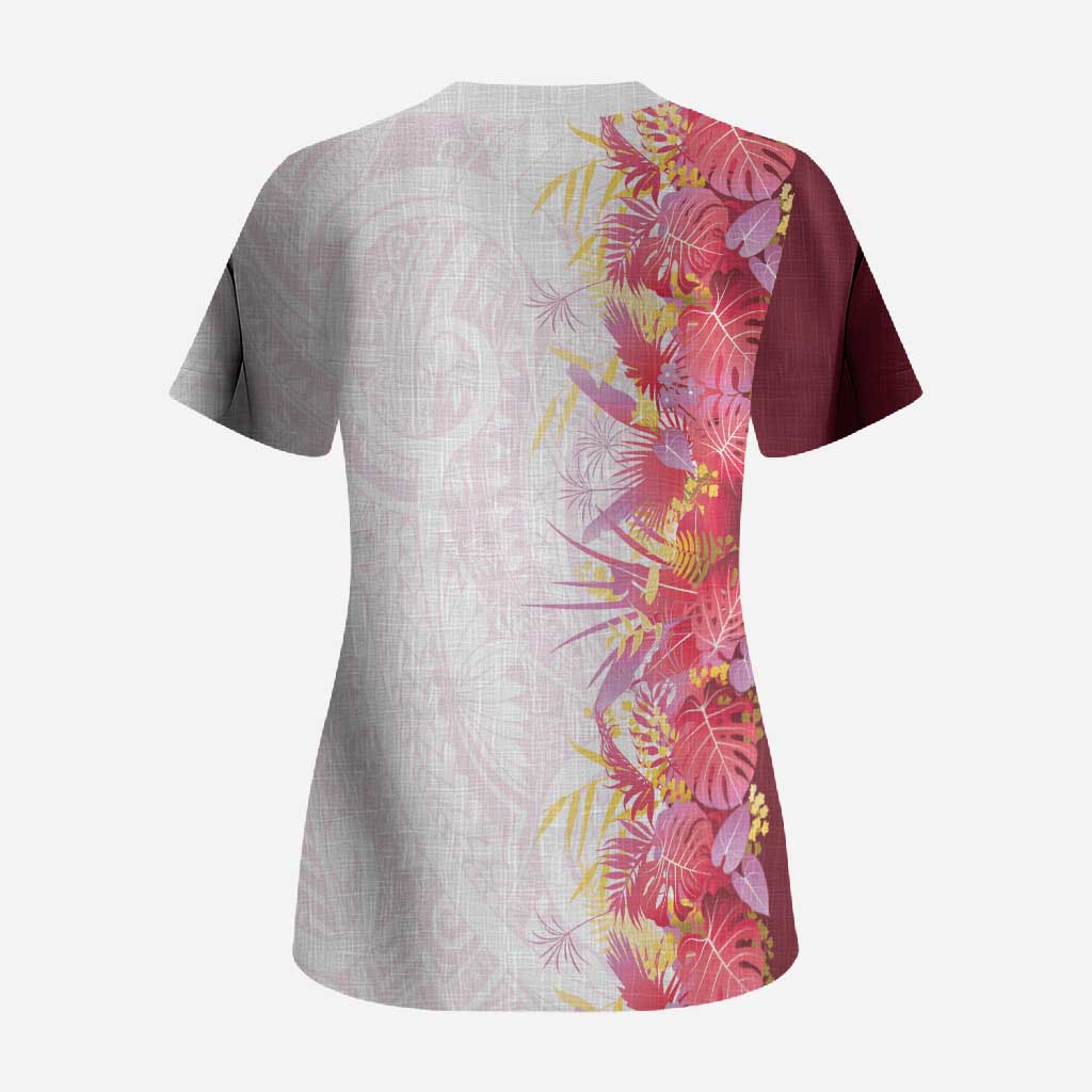 Hawaii Tropical Plant Akala Scrub Top Vibrant Polynesian Pattern