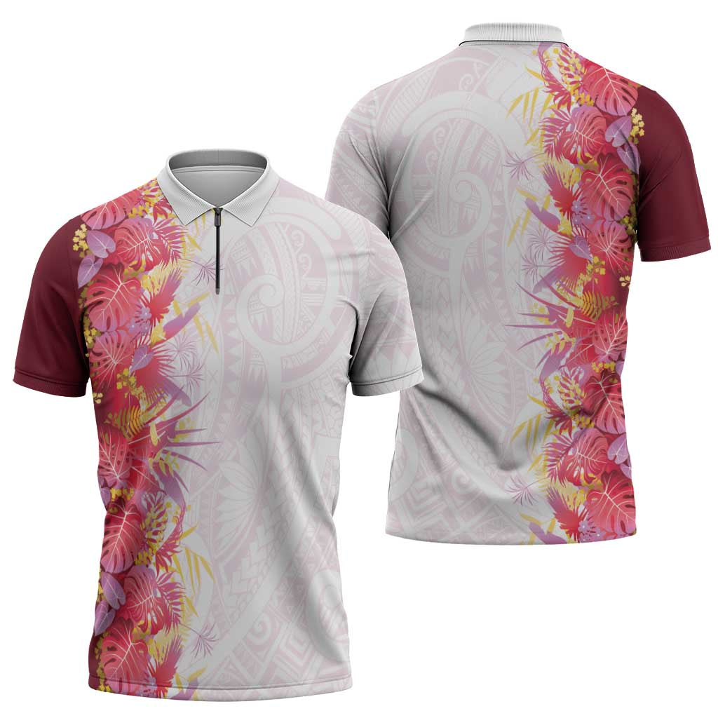 Hawaii Tropical Plant Akala Zipper Polo Shirt Vibrant Polynesian Pattern
