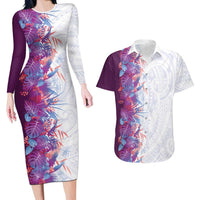 Hawaii Tropical Plant Poni Couples Matching Long Sleeve Bodycon Dress and Hawaiian Shirt Vibrant Polynesian Pattern LT01 Purple - Polynesian Pride