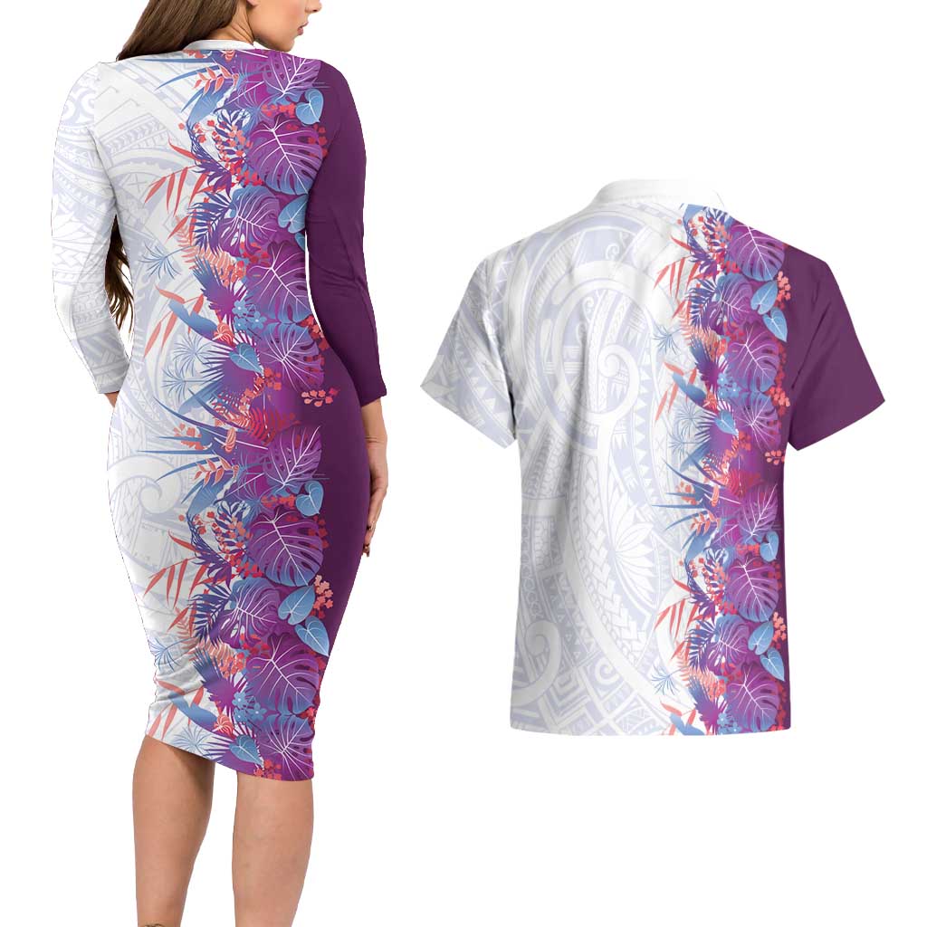Hawaii Tropical Plant Poni Couples Matching Long Sleeve Bodycon Dress and Hawaiian Shirt Vibrant Polynesian Pattern LT01 - Polynesian Pride