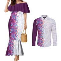 Hawaii Tropical Plant Poni Couples Matching Mermaid Dress and Long Sleeve Button Shirt Vibrant Polynesian Pattern LT01 Purple - Polynesian Pride