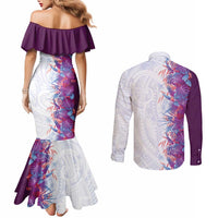 Hawaii Tropical Plant Poni Couples Matching Mermaid Dress and Long Sleeve Button Shirt Vibrant Polynesian Pattern LT01 - Polynesian Pride
