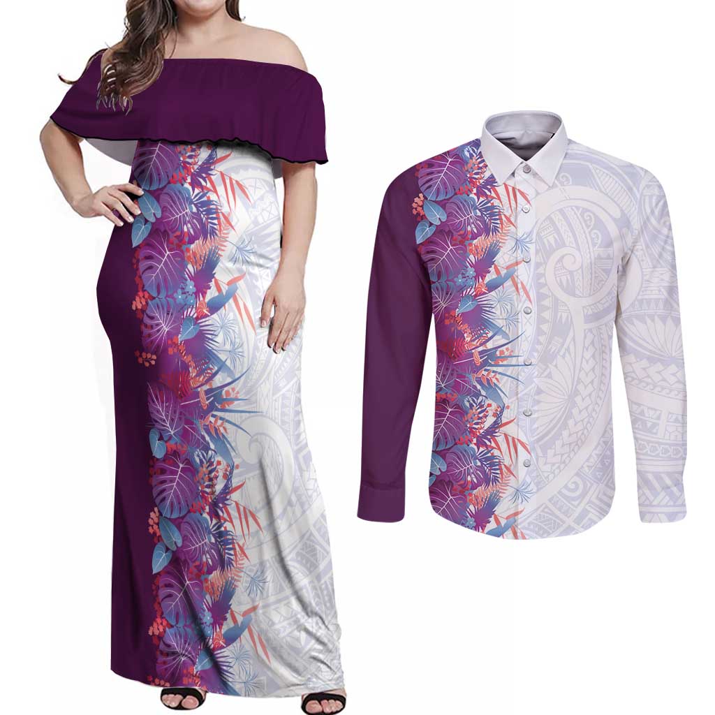 Hawaii Tropical Plant Poni Couples Matching Off Shoulder Maxi Dress and Long Sleeve Button Shirt Vibrant Polynesian Pattern LT01 Purple - Polynesian Pride