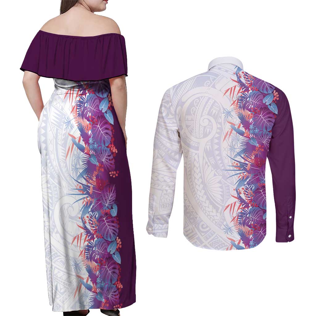 Hawaii Tropical Plant Poni Couples Matching Off Shoulder Maxi Dress and Long Sleeve Button Shirt Vibrant Polynesian Pattern LT01 - Polynesian Pride