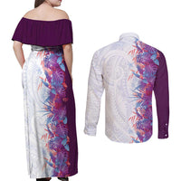 Hawaii Tropical Plant Poni Couples Matching Off Shoulder Maxi Dress and Long Sleeve Button Shirt Vibrant Polynesian Pattern LT01 - Polynesian Pride