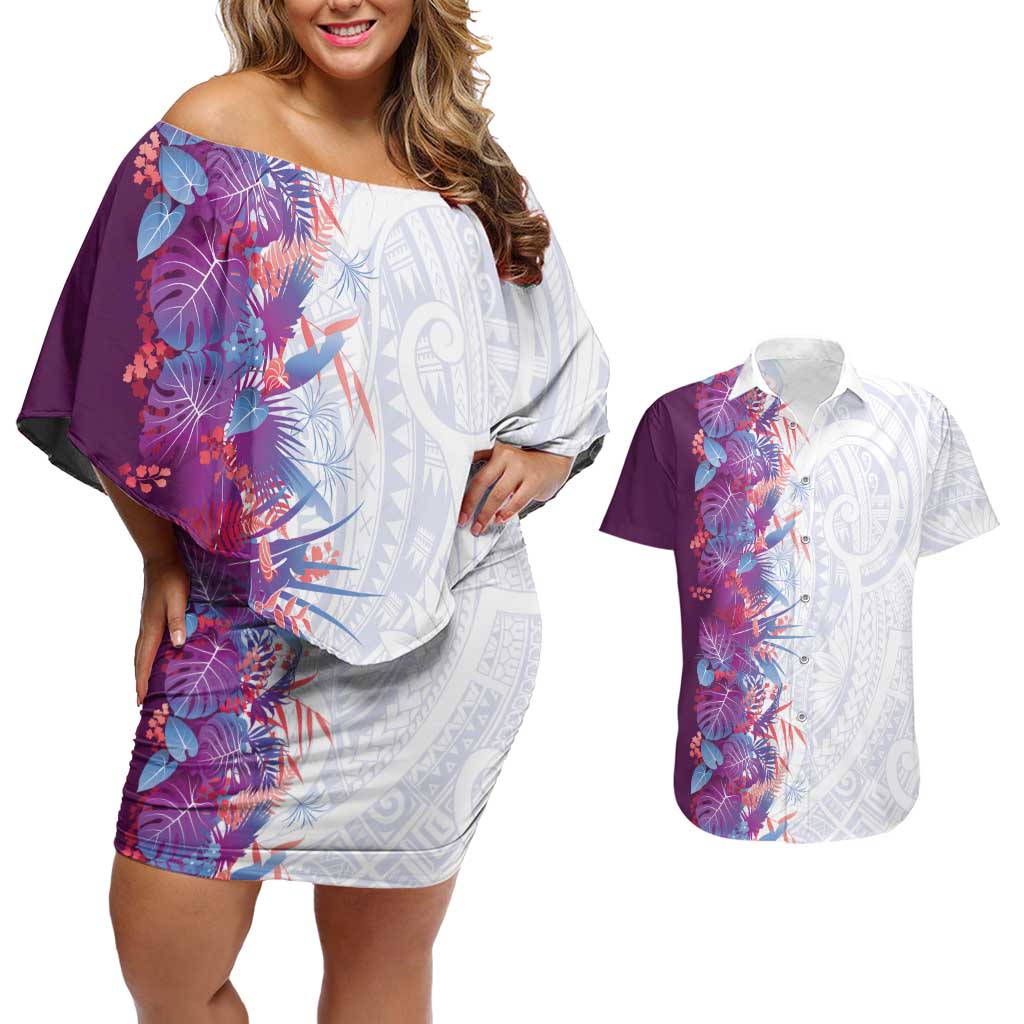 Hawaii Tropical Plant Poni Couples Matching Off Shoulder Short Dress and Hawaiian Shirt Vibrant Polynesian Pattern LT01 Purple - Polynesian Pride