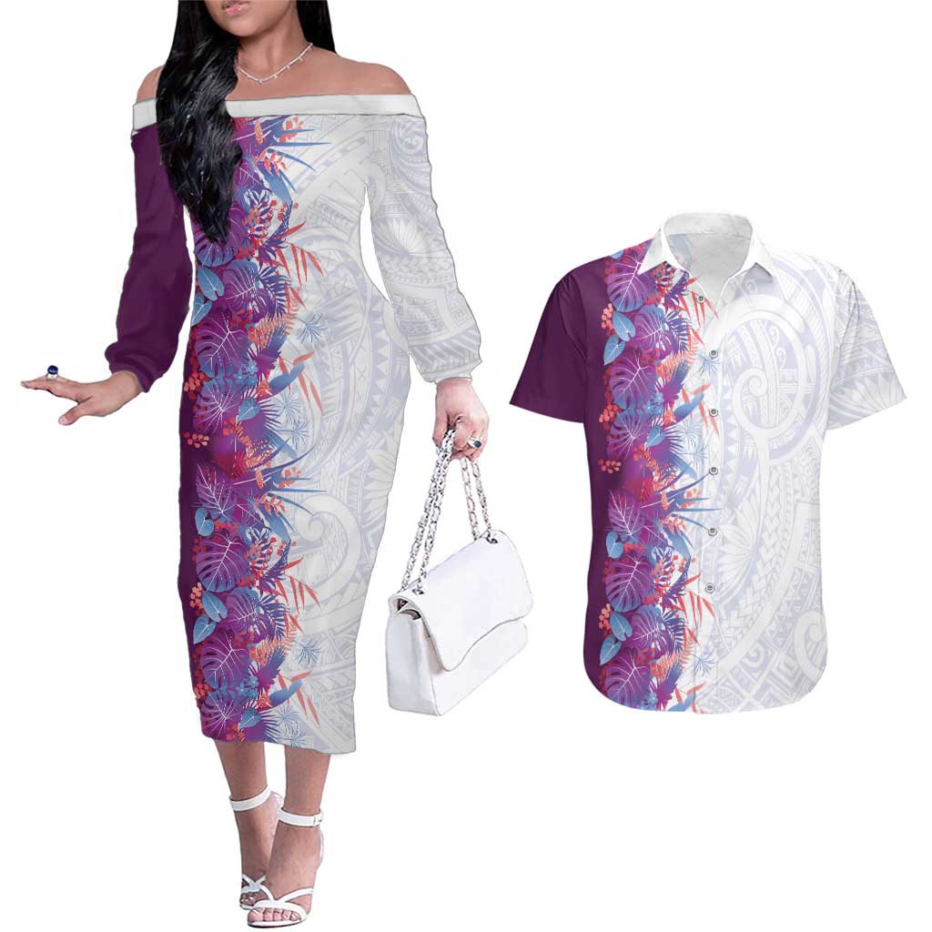 Hawaii Tropical Plant Poni Couples Matching Off The Shoulder Long Sleeve Dress and Hawaiian Shirt Vibrant Polynesian Pattern LT01 Purple - Polynesian Pride
