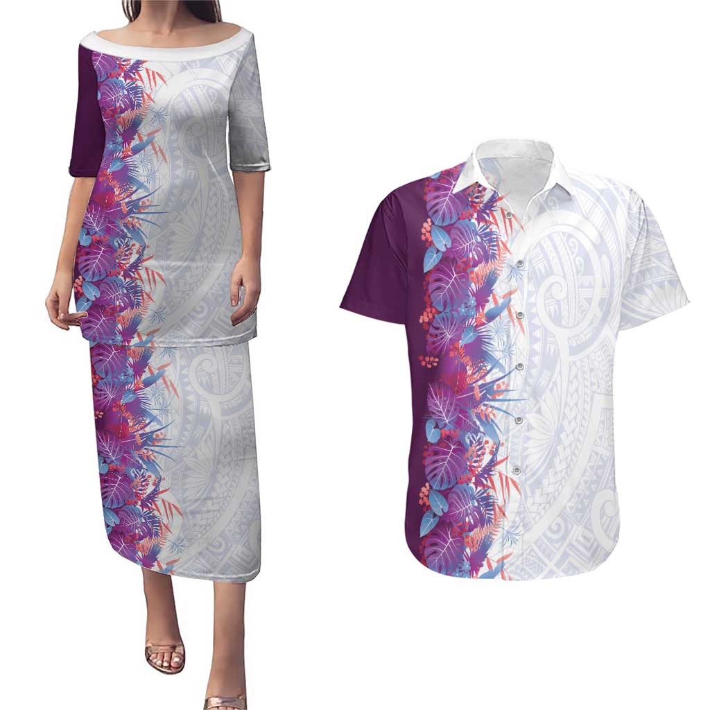 Hawaii Tropical Plant Poni Couples Matching Puletasi and Hawaiian Shirt Vibrant Polynesian Pattern LT01 Purple - Polynesian Pride