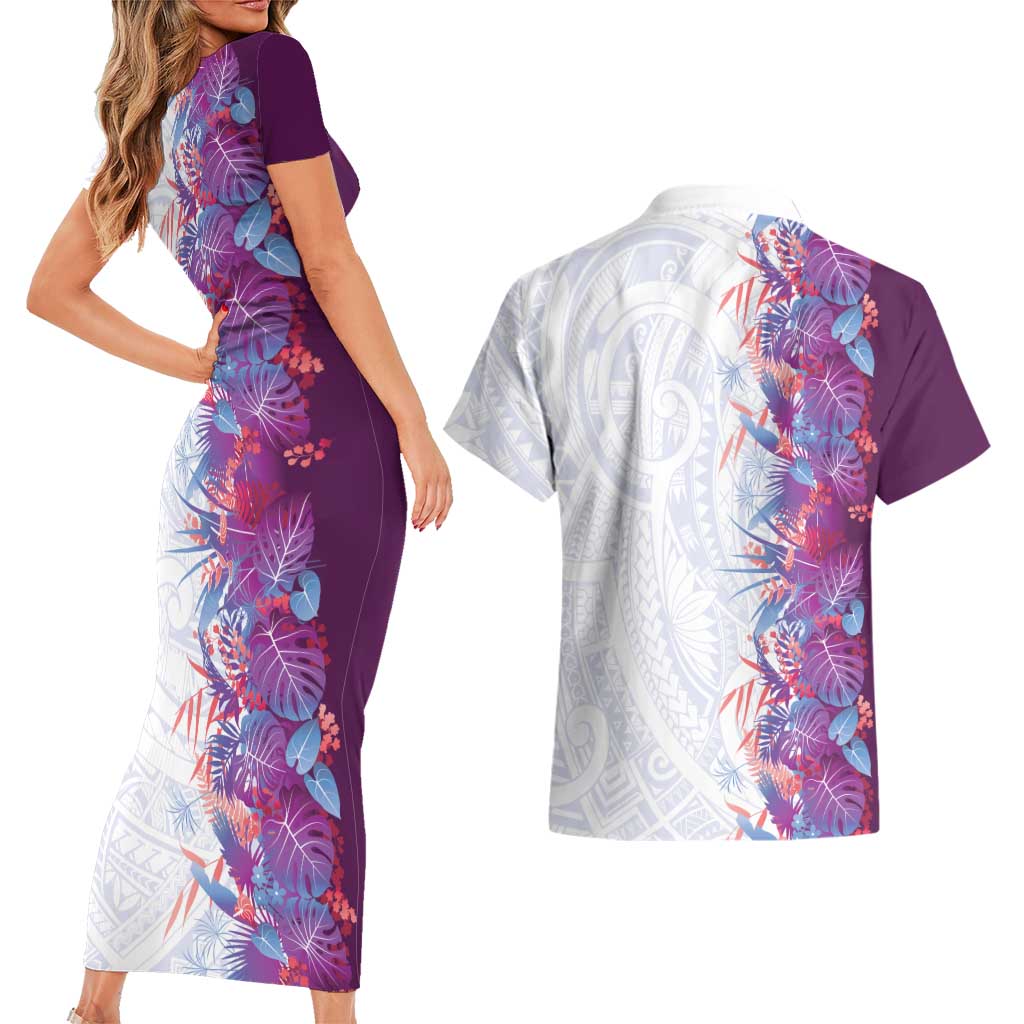 Hawaii Tropical Plant Poni Couples Matching Short Sleeve Bodycon Dress and Hawaiian Shirt Vibrant Polynesian Pattern LT01 - Polynesian Pride