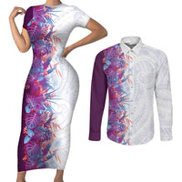 Hawaii Tropical Plant Poni Couples Matching Short Sleeve Bodycon Dress and Long Sleeve Button Shirt Vibrant Polynesian Pattern LT01 Purple - Polynesian Pride