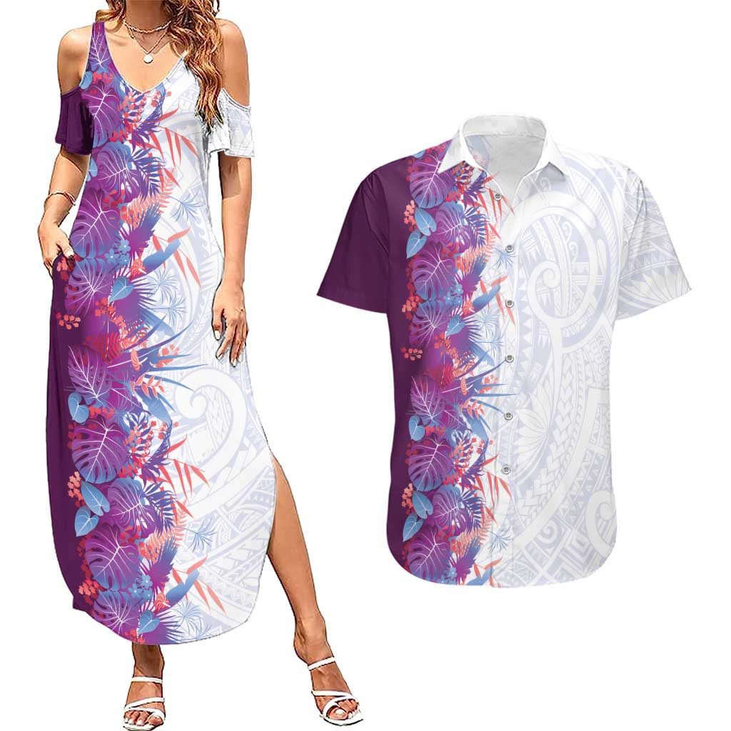 Hawaii Tropical Plant Poni Couples Matching Summer Maxi Dress and Hawaiian Shirt Vibrant Polynesian Pattern