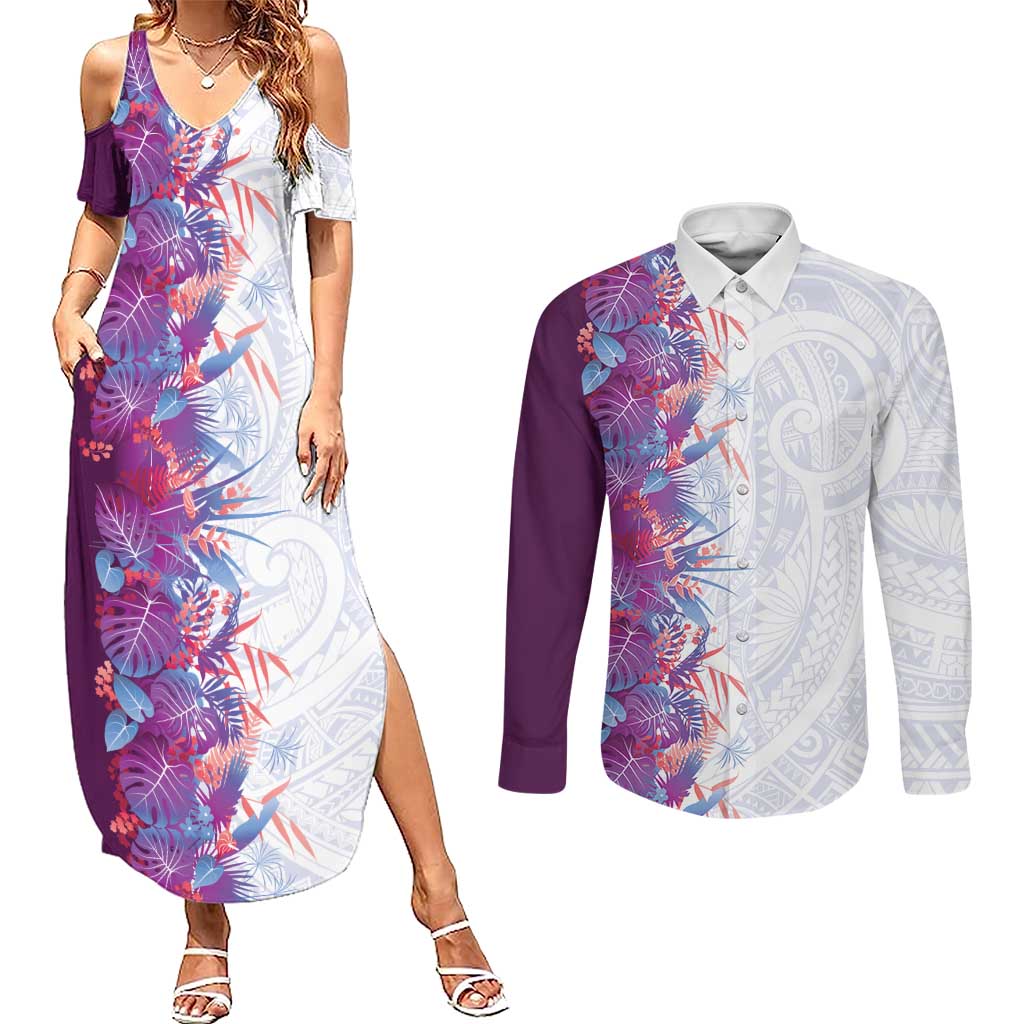 Hawaii Tropical Plant Poni Couples Matching Summer Maxi Dress and Long Sleeve Button Shirt Vibrant Polynesian Pattern LT01 Purple - Polynesian Pride