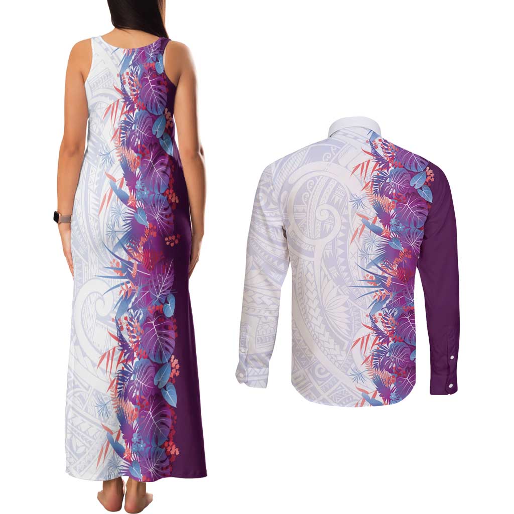 Hawaii Tropical Plant Poni Couples Matching Tank Maxi Dress and Long Sleeve Button Shirt Vibrant Polynesian Pattern