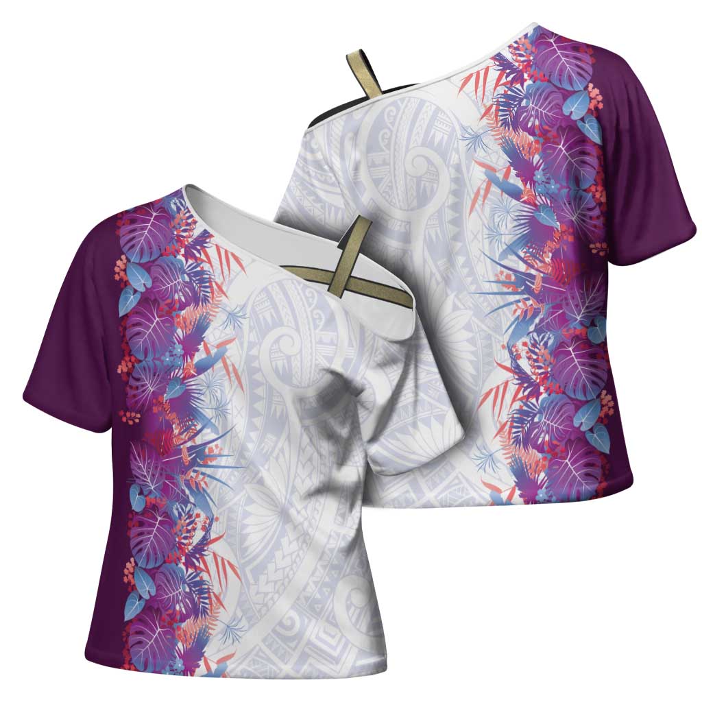 Hawaii Tropical Plant Poni Cross Shoulder Shirt Vibrant Polynesian Pattern