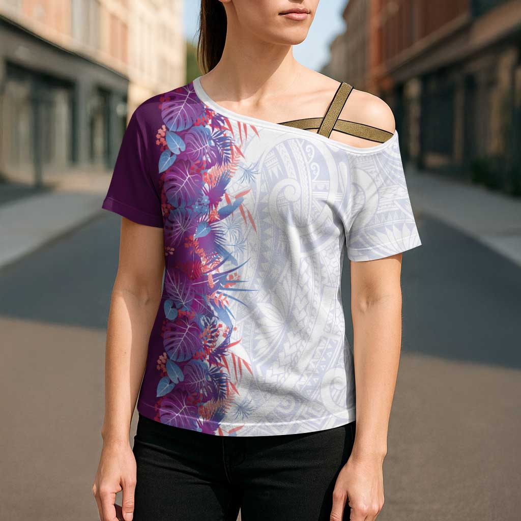 Hawaii Tropical Plant Poni Cross Shoulder Shirt Vibrant Polynesian Pattern
