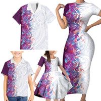 Hawaii Tropical Plant Poni Family Matching Short Sleeve Bodycon Dress and Hawaiian Shirt Vibrant Polynesian Pattern