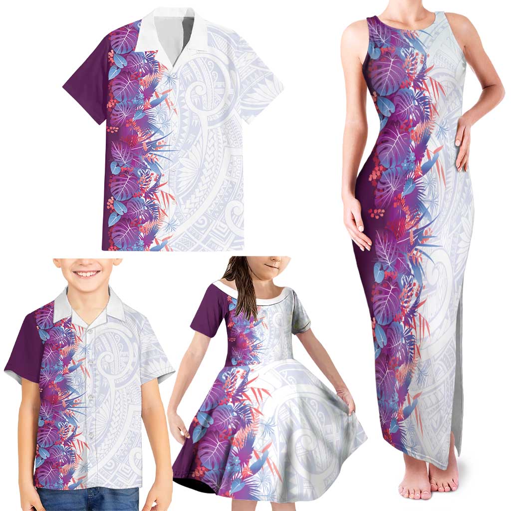 Hawaii Tropical Plant Poni Family Matching Tank Maxi Dress and Hawaiian Shirt Vibrant Polynesian Pattern