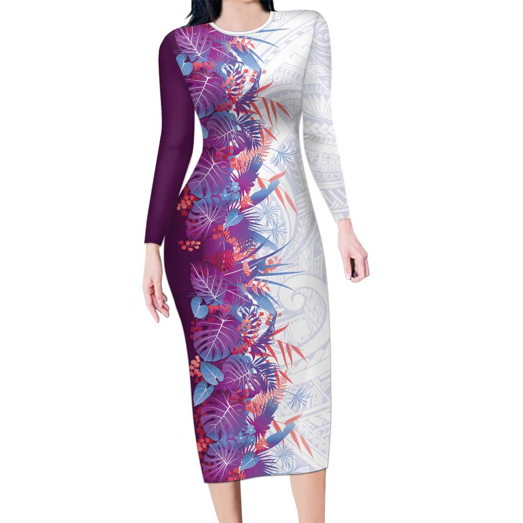 Hawaii Tropical Plant Poni Long Sleeve Bodycon Dress Vibrant Polynesian Pattern LT01 Long Dress Purple - Polynesian Pride