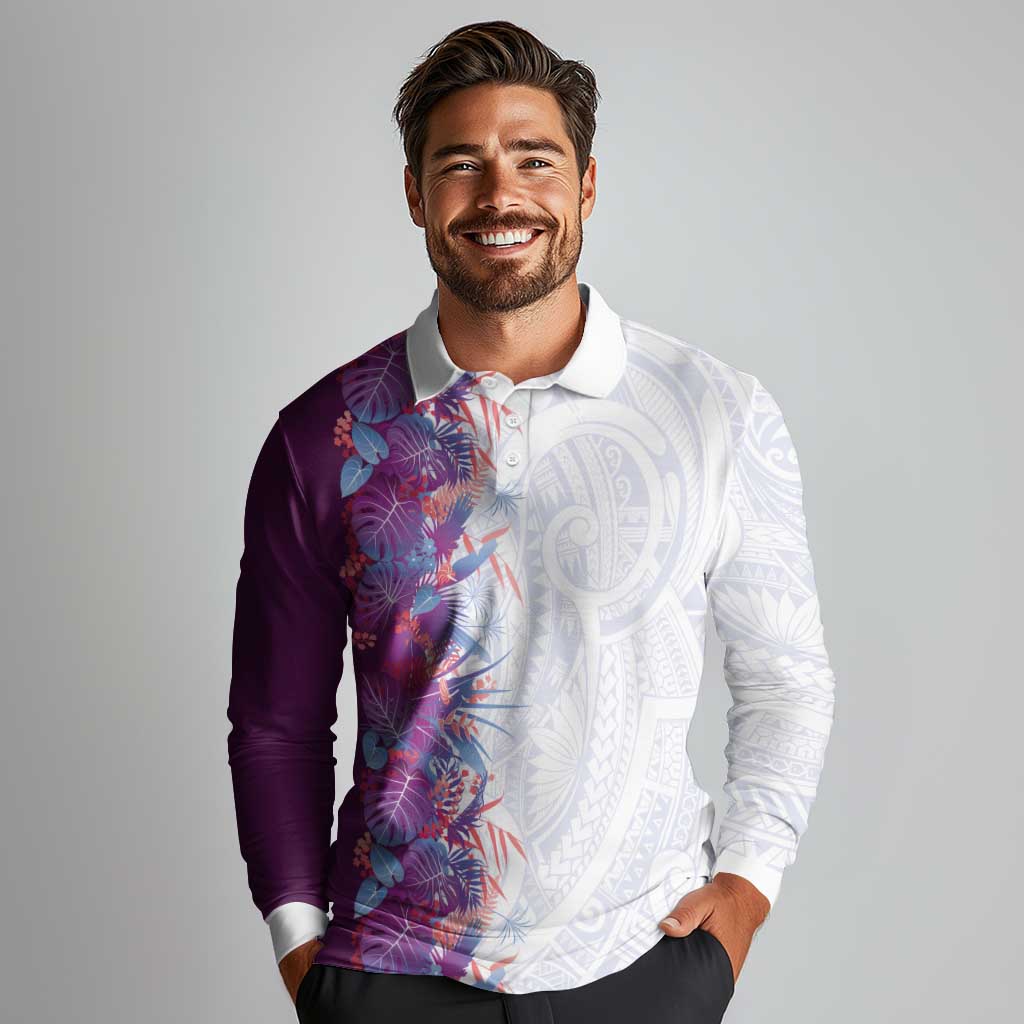 Hawaii Tropical Plant Poni Long Sleeve Polo Shirt Vibrant Polynesian Pattern LT01 - Polynesian Pride