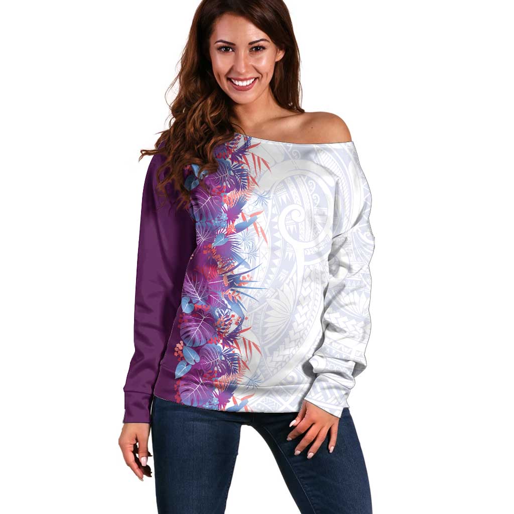 Hawaii Tropical Plant Poni Off Shoulder Sweater Vibrant Polynesian Pattern