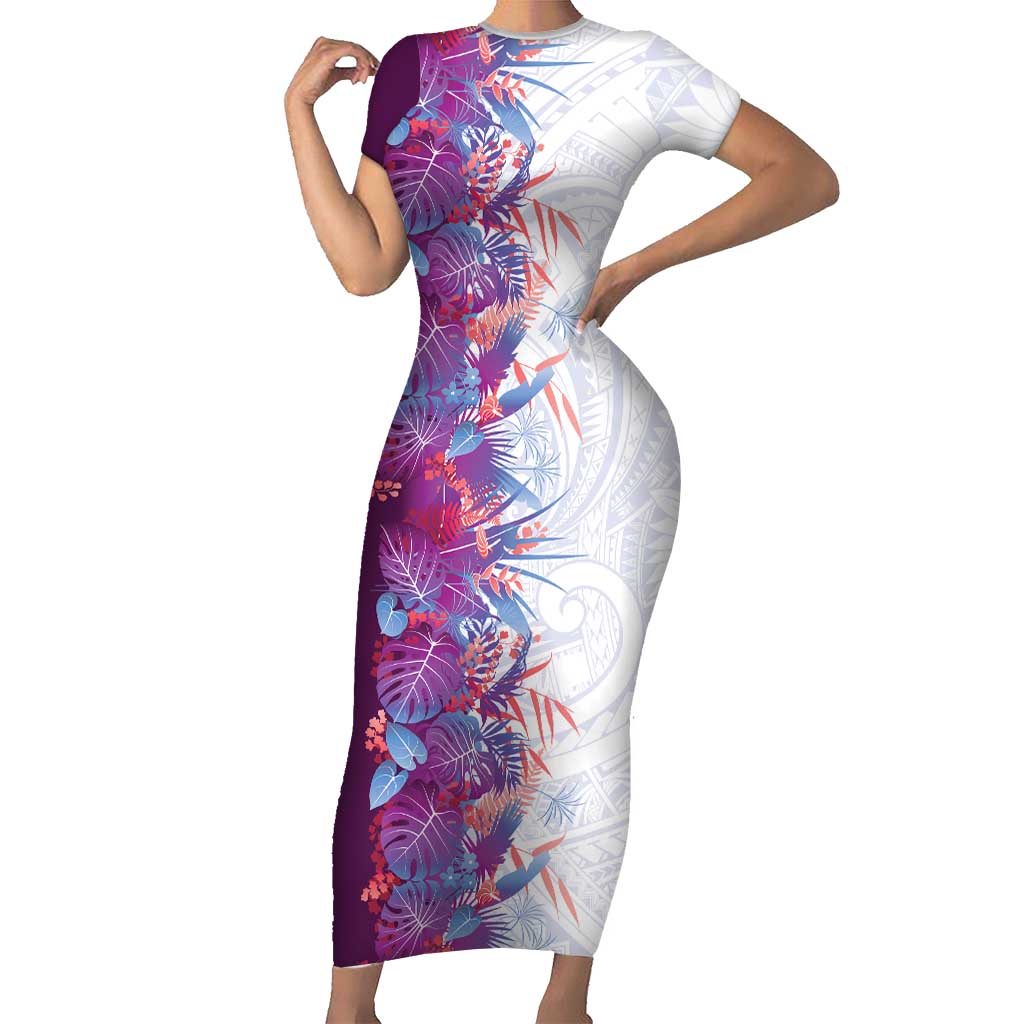 Hawaii Tropical Plant Poni Short Sleeve Bodycon Dress Vibrant Polynesian Pattern LT01 Long Dress Purple - Polynesian Pride