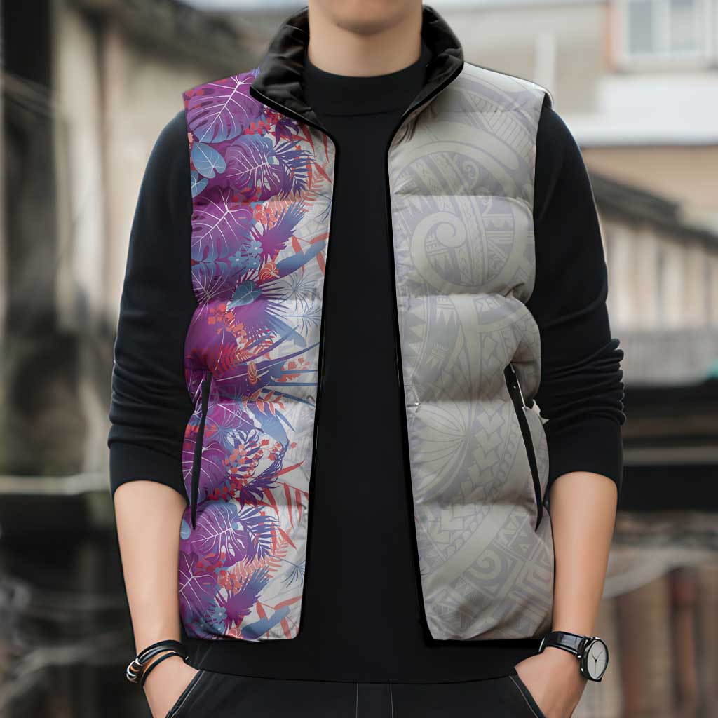 Hawaii Tropical Plant Poni Sleeveless Puffer Jacket Vibrant Polynesian Pattern