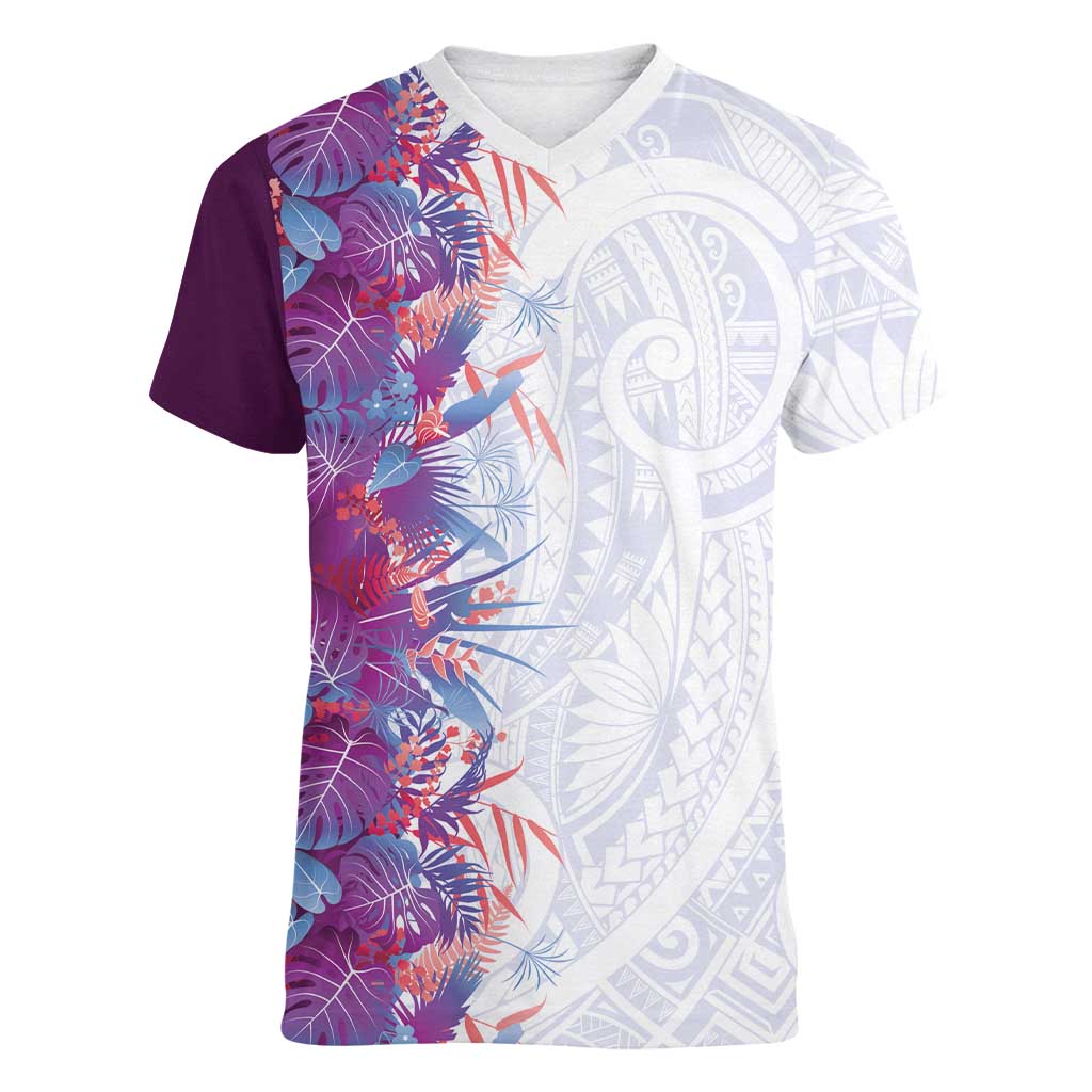 Hawaii Tropical Plant Poni Women V-Neck T-Shirt Vibrant Polynesian Pattern LT01 Female Purple - Polynesian Pride