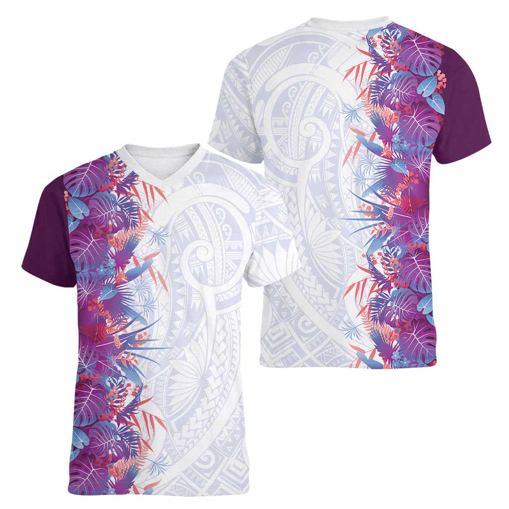 Hawaii Tropical Plant Poni Women V-Neck T-Shirt Vibrant Polynesian Pattern LT01 - Polynesian Pride