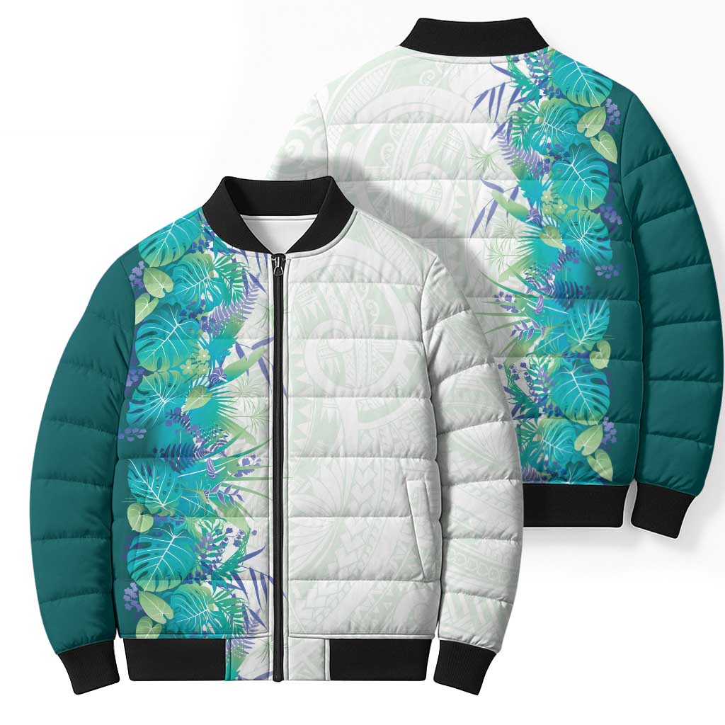 Hawaii Tropical Plant Teal Bomber Puffer Jacket Vibrant Polynesian Pattern LT01 - Polynesian Pride