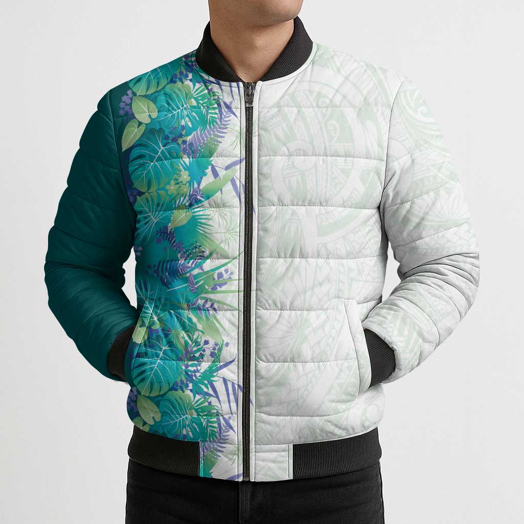 Hawaii Tropical Plant Teal Bomber Puffer Jacket Vibrant Polynesian Pattern LT01 - Polynesian Pride