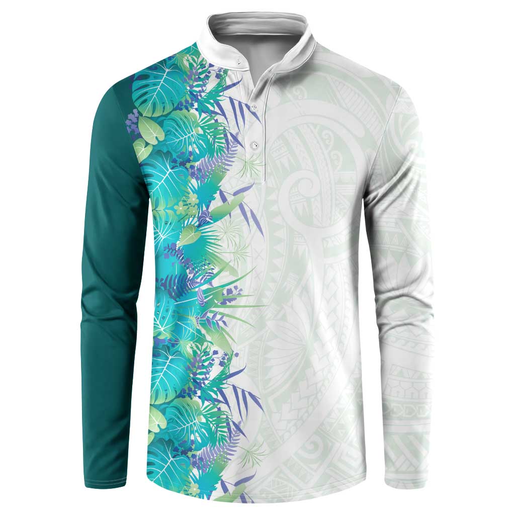 Hawaii Tropical Plant Teal Button Sweatshirt Vibrant Polynesian Pattern LT01 Teal - Polynesian Pride