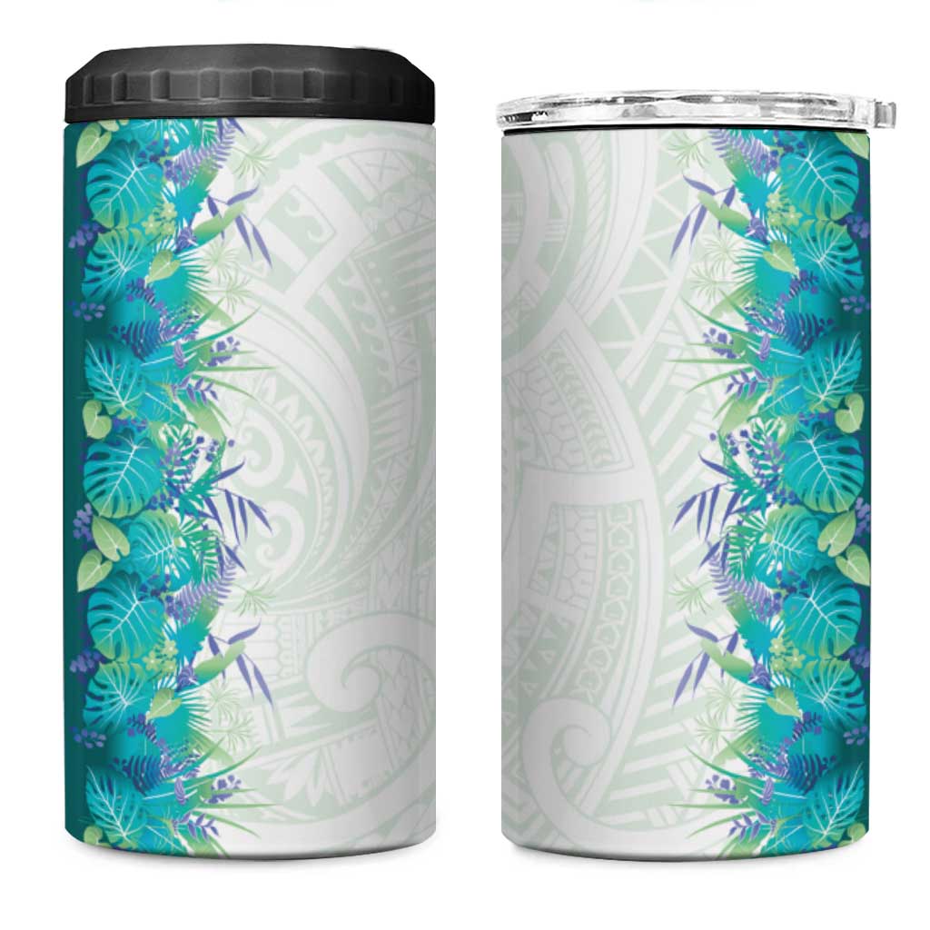 Hawaii Tropical Plant Teal 4 in 1 Can Cooler Tumbler Vibrant Polynesian Pattern