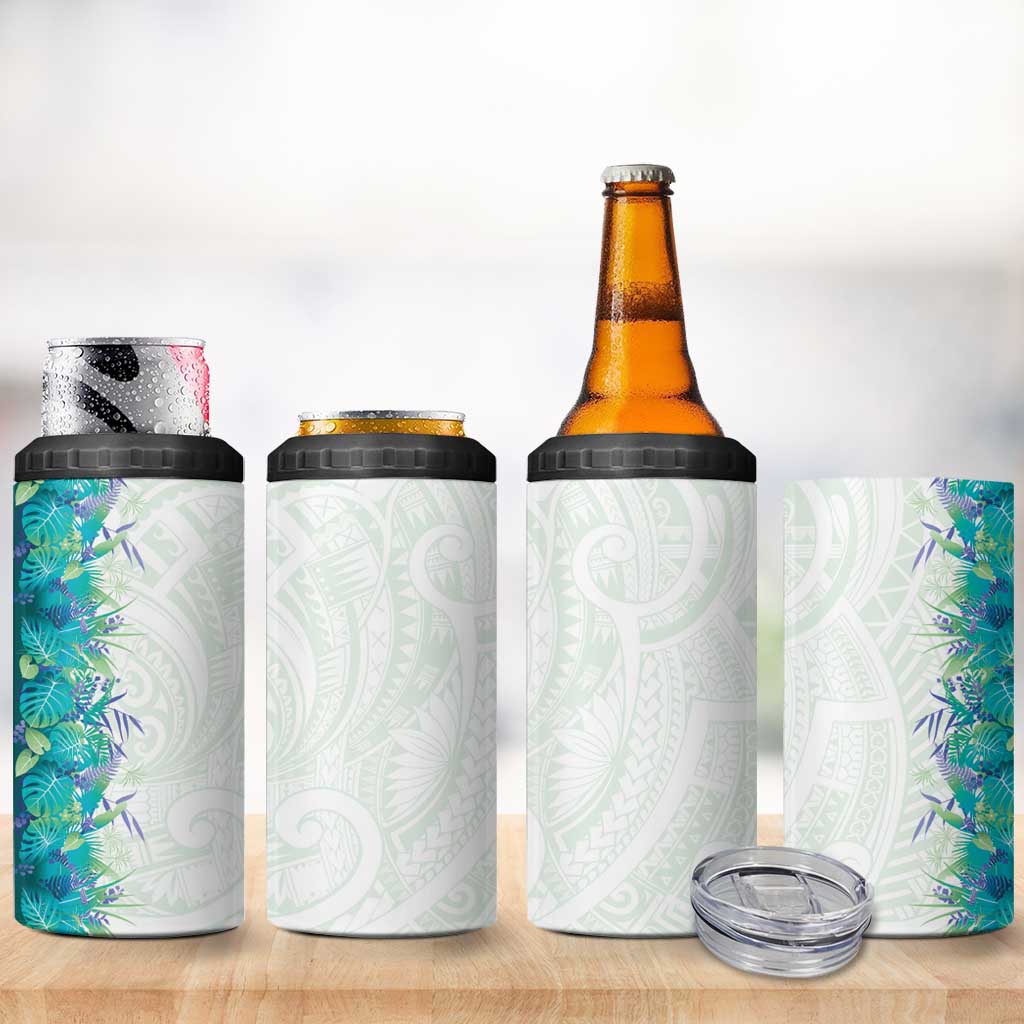 Hawaii Tropical Plant Teal 4 in 1 Can Cooler Tumbler Vibrant Polynesian Pattern