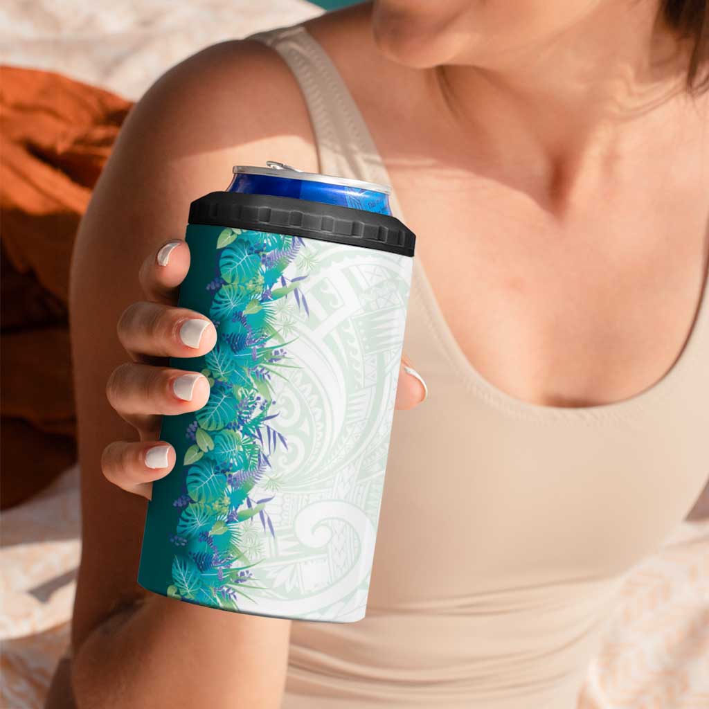 Hawaii Tropical Plant Teal 4 in 1 Can Cooler Tumbler Vibrant Polynesian Pattern