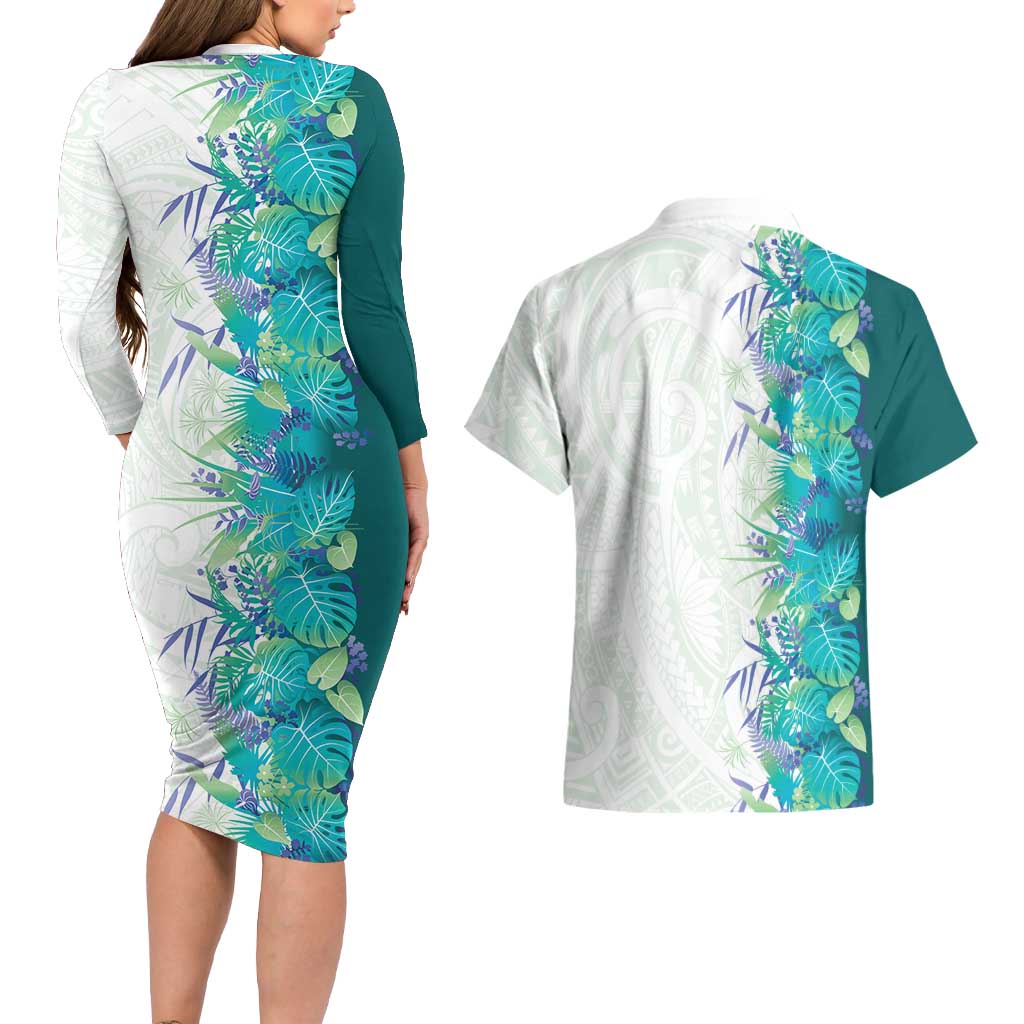 Hawaii Tropical Plant Teal Couples Matching Long Sleeve Bodycon Dress and Hawaiian Shirt Vibrant Polynesian Pattern LT01 - Polynesian Pride