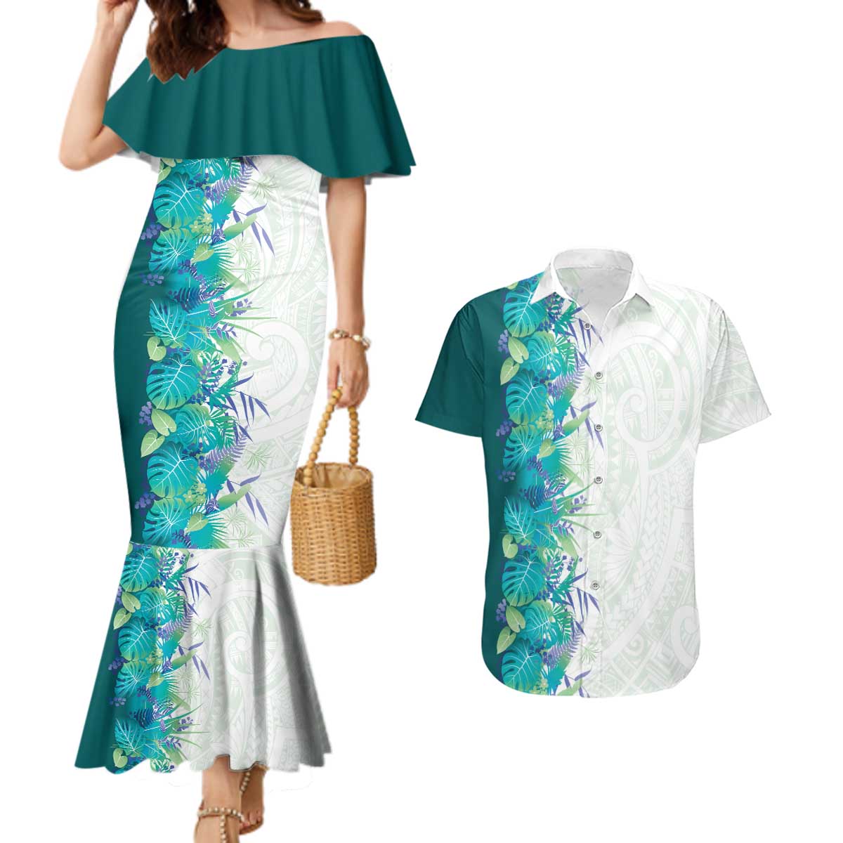 Hawaii Tropical Plant Teal Couples Matching Mermaid Dress and Hawaiian Shirt Vibrant Polynesian Pattern LT01 Teal - Polynesian Pride