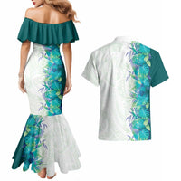 Hawaii Tropical Plant Teal Couples Matching Mermaid Dress and Hawaiian Shirt Vibrant Polynesian Pattern LT01 - Polynesian Pride