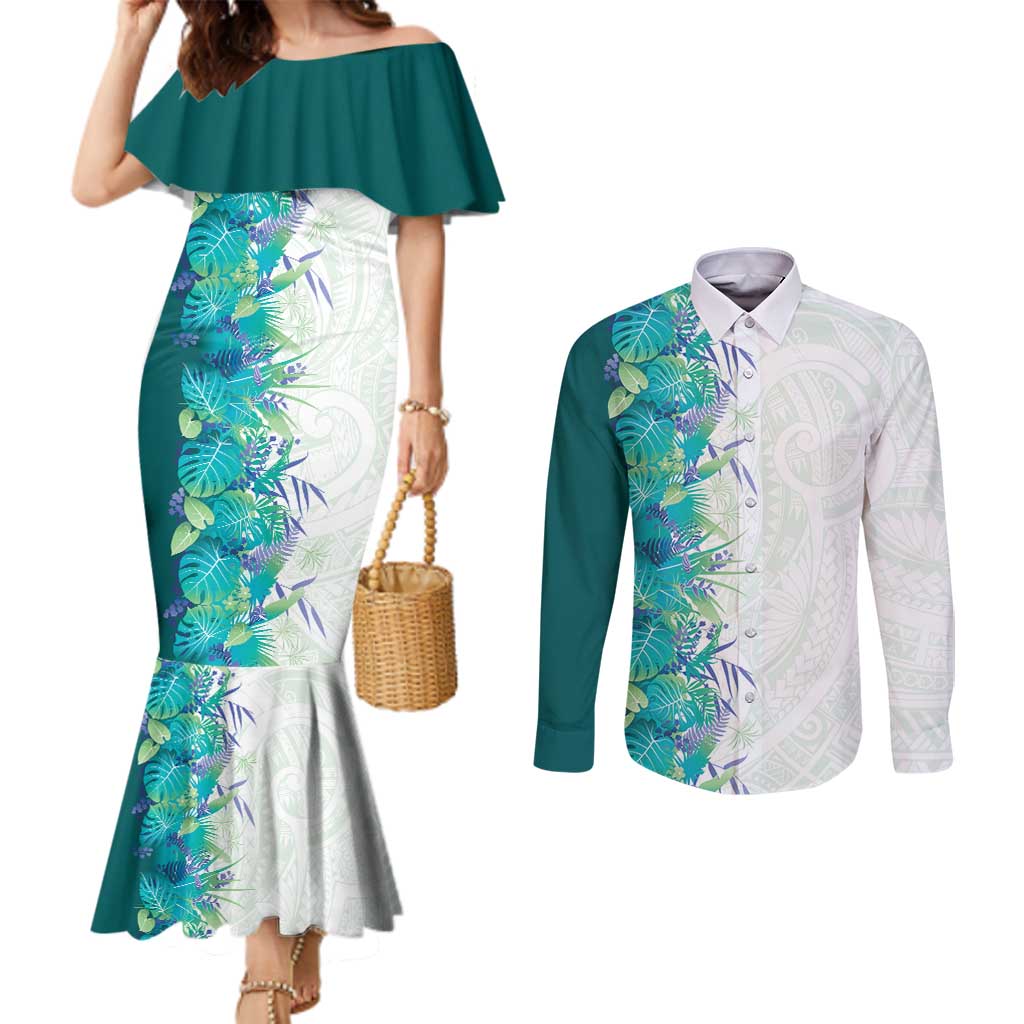 Hawaii Tropical Plant Teal Couples Matching Mermaid Dress and Long Sleeve Button Shirt Vibrant Polynesian Pattern