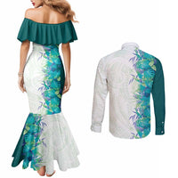 Hawaii Tropical Plant Teal Couples Matching Mermaid Dress and Long Sleeve Button Shirt Vibrant Polynesian Pattern