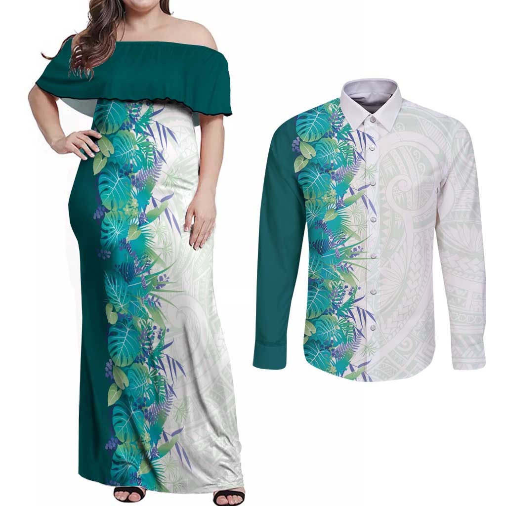 Hawaii Tropical Plant Teal Couples Matching Off Shoulder Maxi Dress and Long Sleeve Button Shirt Vibrant Polynesian Pattern LT01 Teal - Polynesian Pride