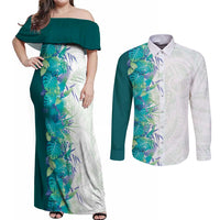 Hawaii Tropical Plant Teal Couples Matching Off Shoulder Maxi Dress and Long Sleeve Button Shirt Vibrant Polynesian Pattern LT01 Teal - Polynesian Pride