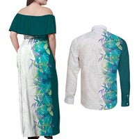 Hawaii Tropical Plant Teal Couples Matching Off Shoulder Maxi Dress and Long Sleeve Button Shirt Vibrant Polynesian Pattern LT01 - Polynesian Pride